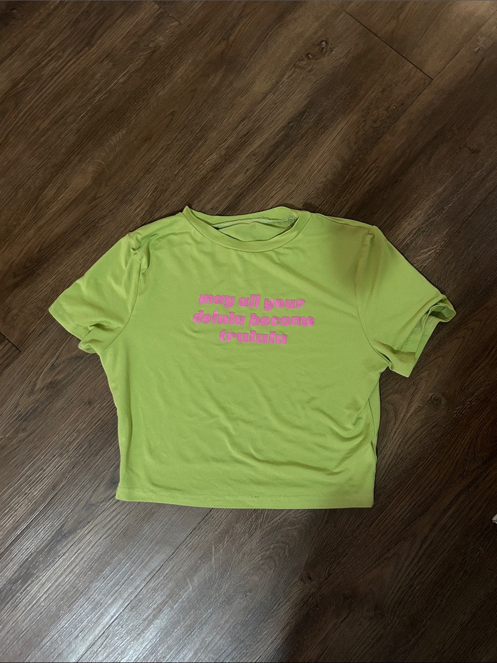 Lime Green Graphic Crop Top with Pink Text